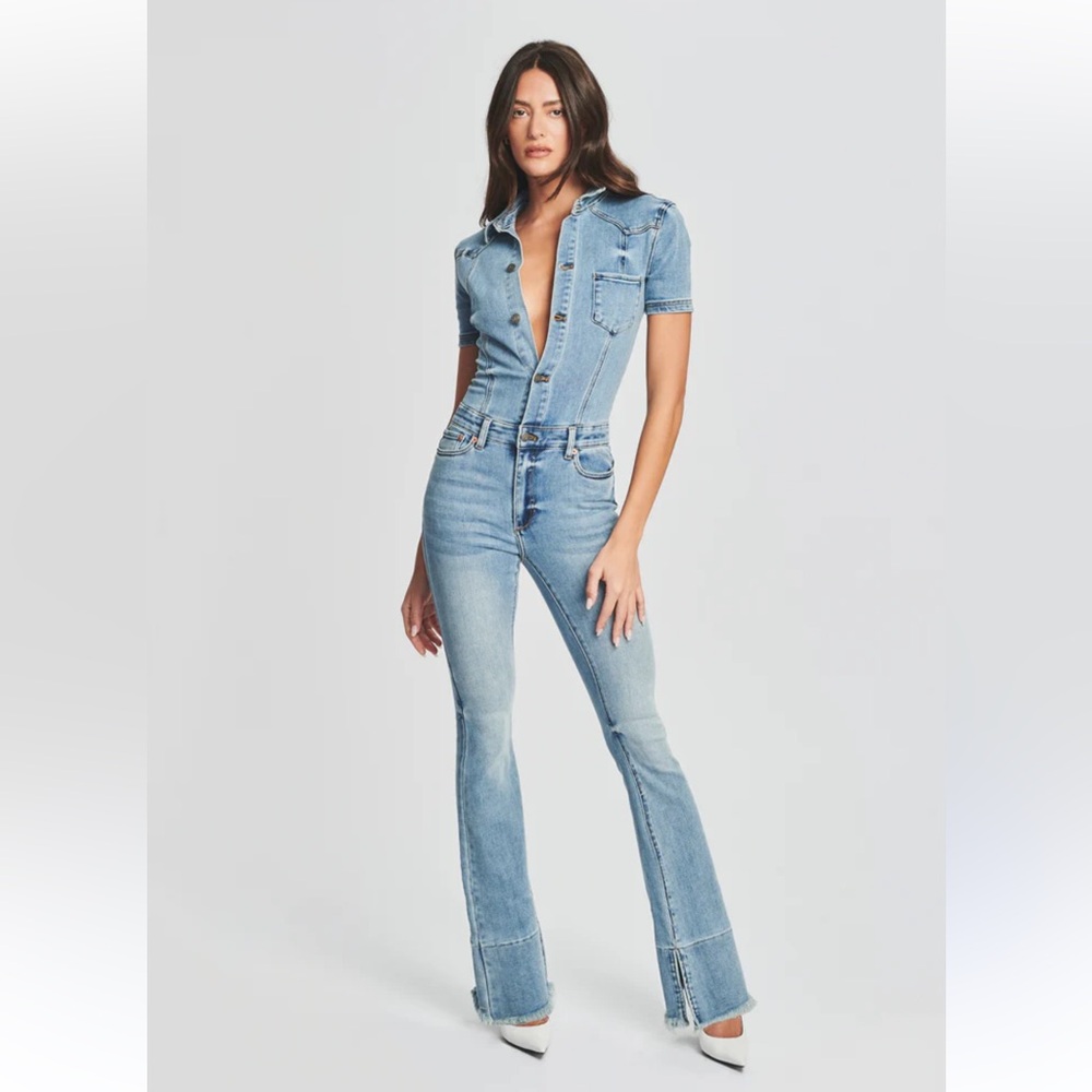 SER.O.YA Light Wash Denim Short-Sleeve Jumpsuit